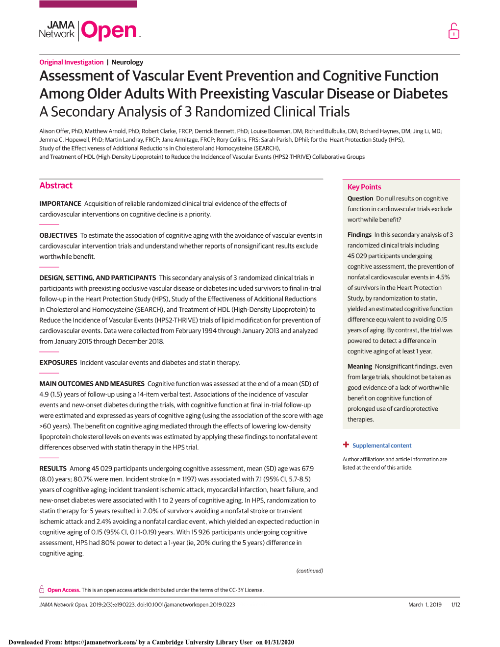 Assessment of Vascular Event Prevention and Cognitive Function