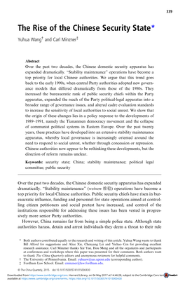 The Rise of the Chinese Security State* Yuhua Wang† and Carl Minzner‡