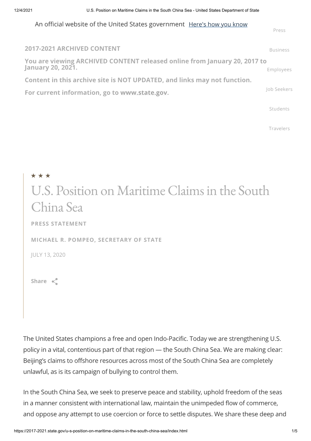 U.S. Position on Maritime Claims in the South China Sea - United States Department of State