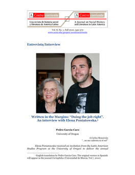 Entrevista/Interview Written in the Margins: “Doing the Job Right”. an Interview with Elena Poniatowska.1