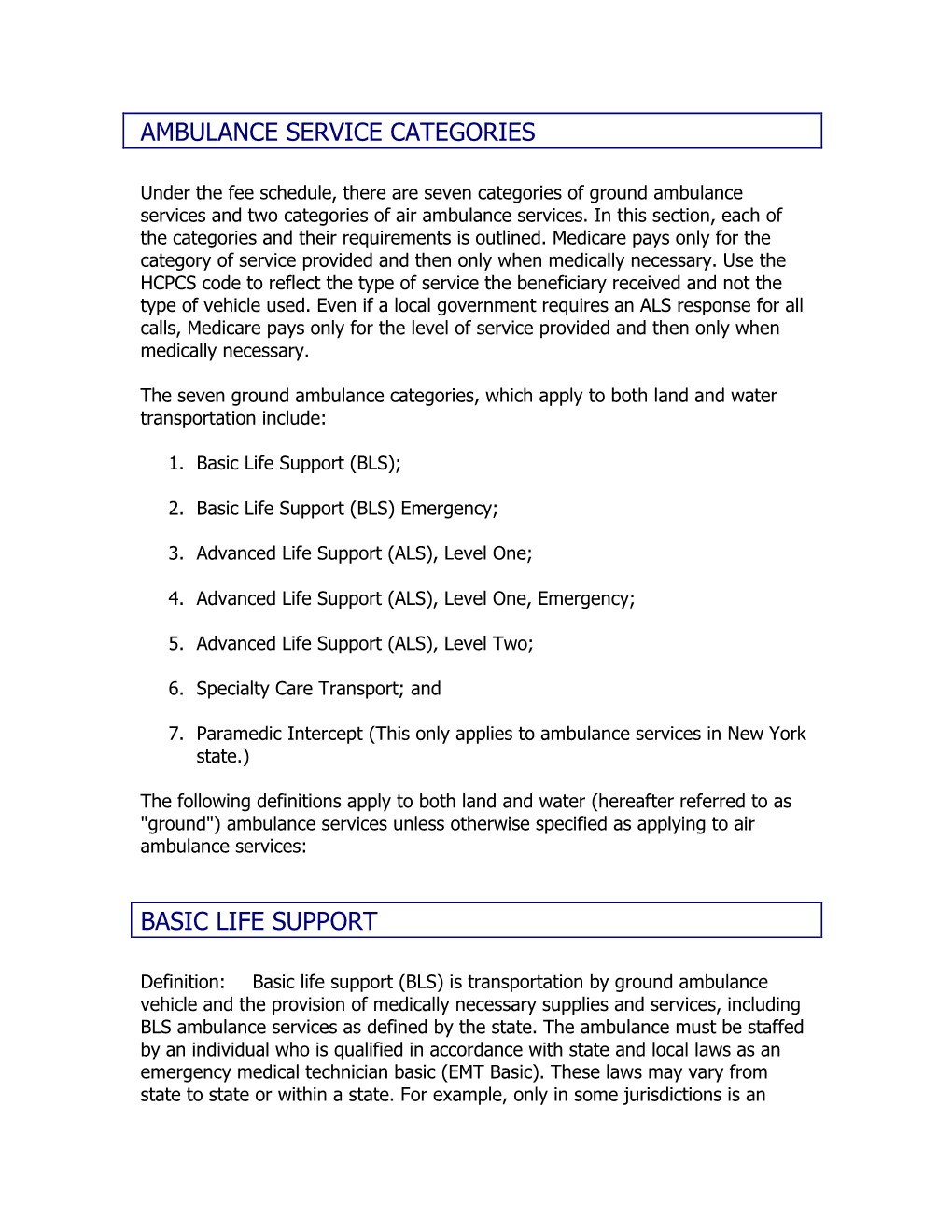 Ambulance Service Categories Basic Life Support