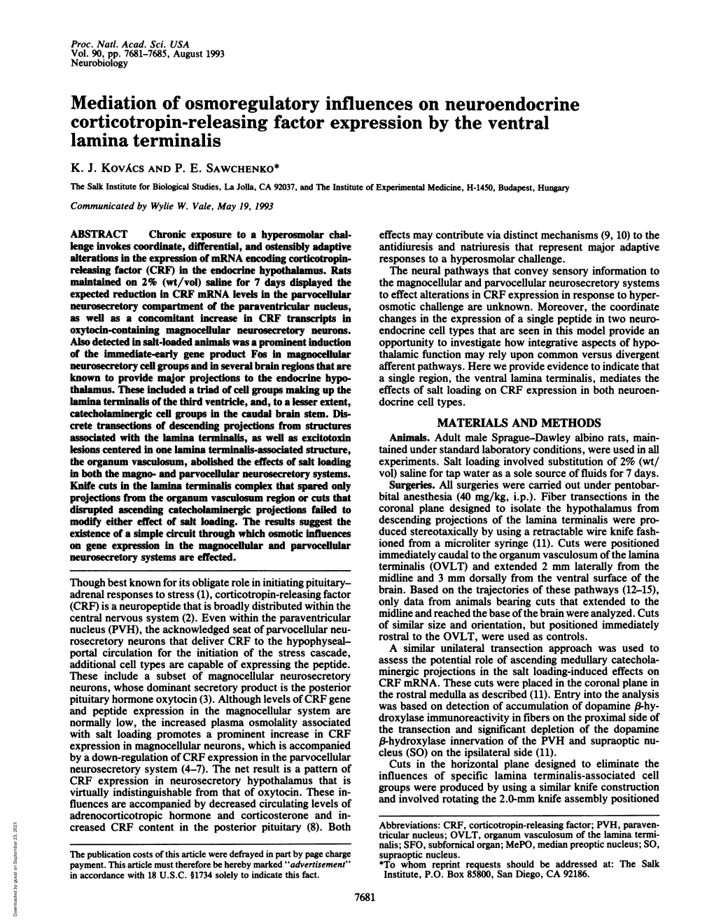 Mediation of Osmoregulatory Influences on Neuroendocrine Corticotropin-Releasing Factor Expression by the Ventral Lamina Terminalis K