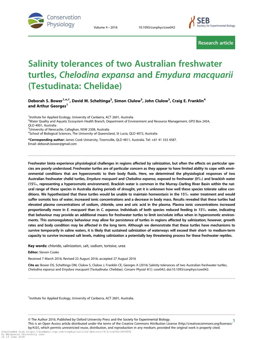 Salinity Tolerances of Two Australian Freshwater Turtles, Chelodina Expansa and Emydura Macquarii (Testudinata: Chelidae)