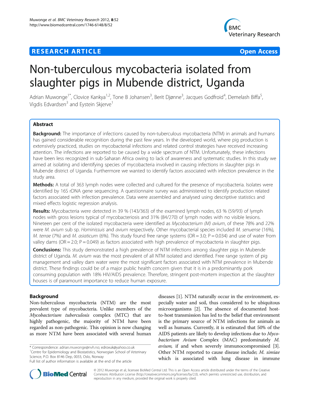 Non-Tuberculous Mycobacteria Isolated from Slaughter Pigs In