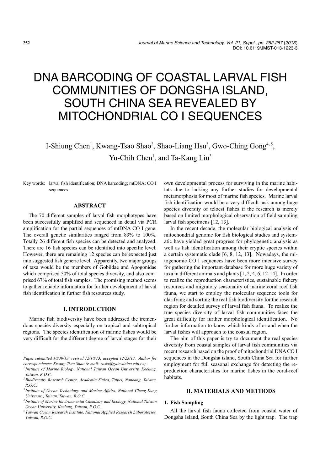 Dna Barcoding of Coastal Larval Fish Communities of Dongsha Island, South China Sea Revealed by Mitochondrial Co I Sequences