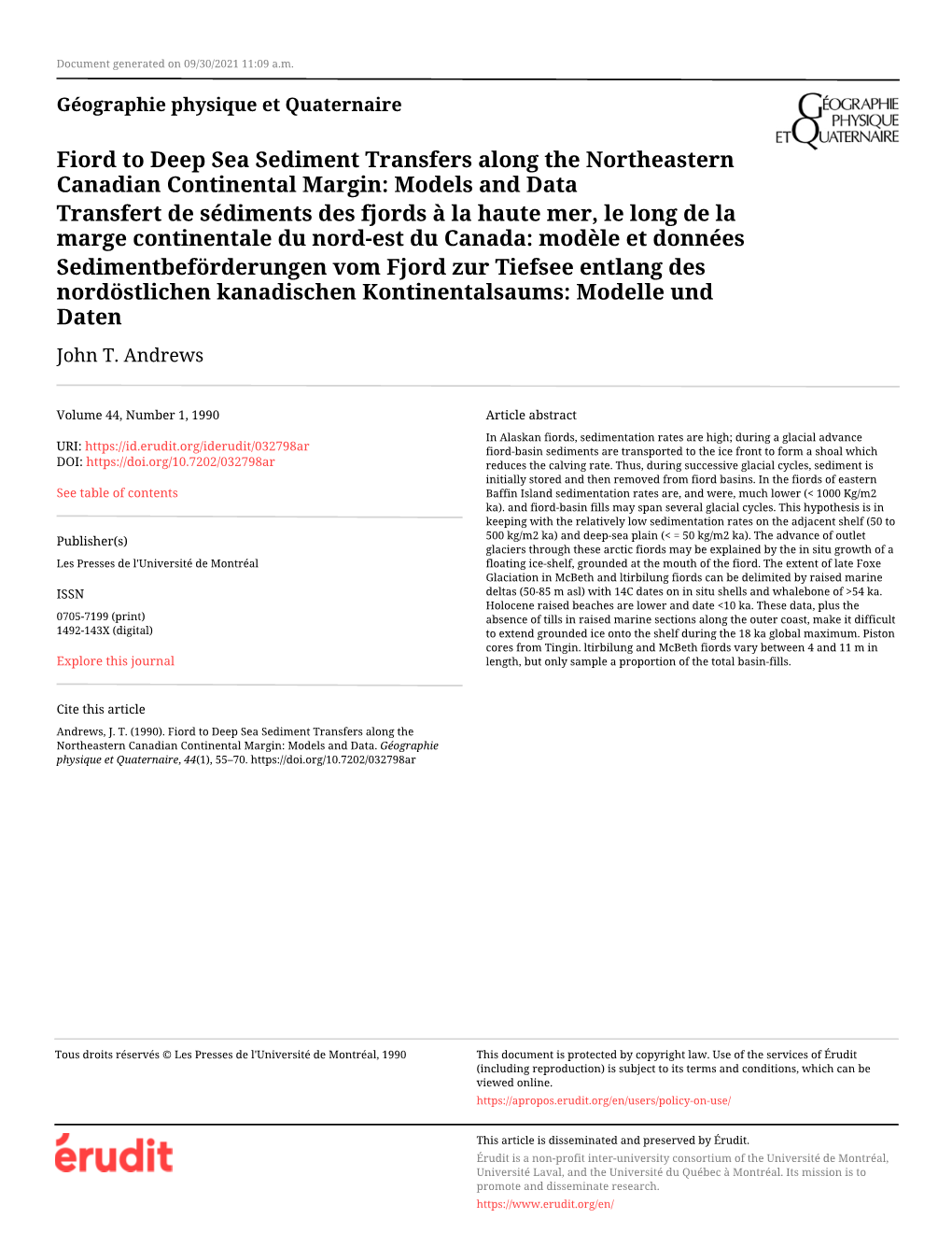 Fiord to Deep Sea Sediment Transfers Along the Northeastern Canadian Continental Margin