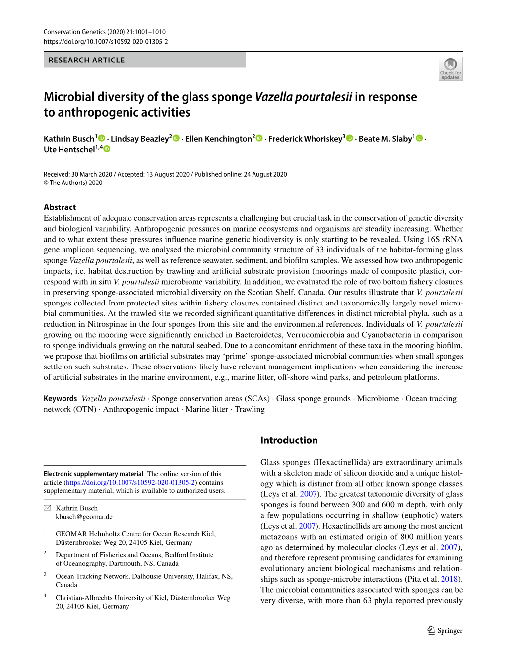 Microbial Diversity of the Glass Sponge Vazella Pourtalesii in Response to Anthropogenic Activities