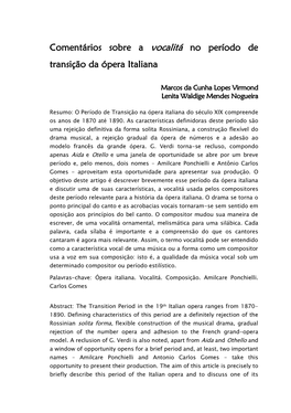 Comentários Sobre a Vocalitá No Período De Transição Da Ópera Italiana