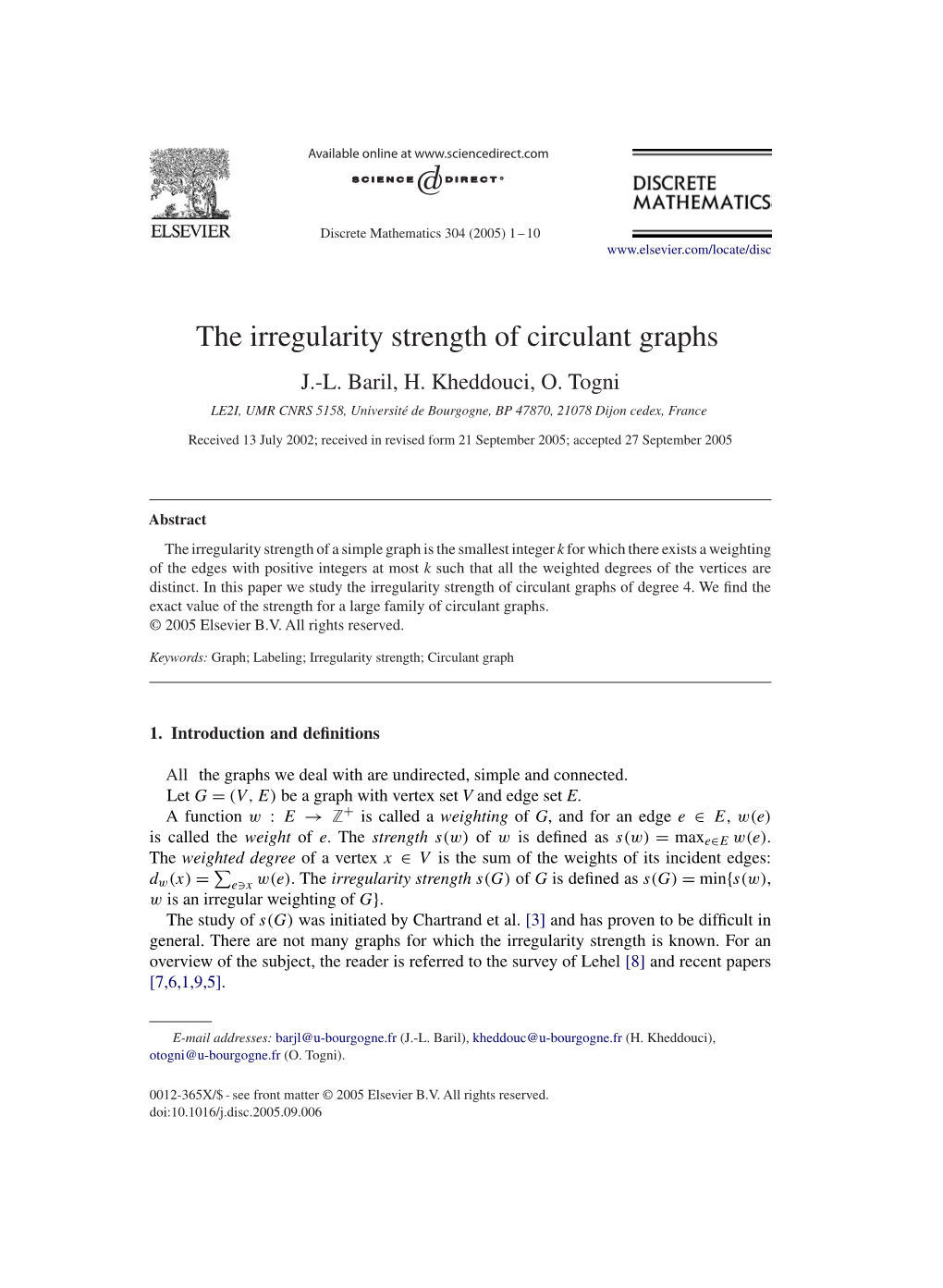 The Irregularity Strength of Circulant Graphs J.-L