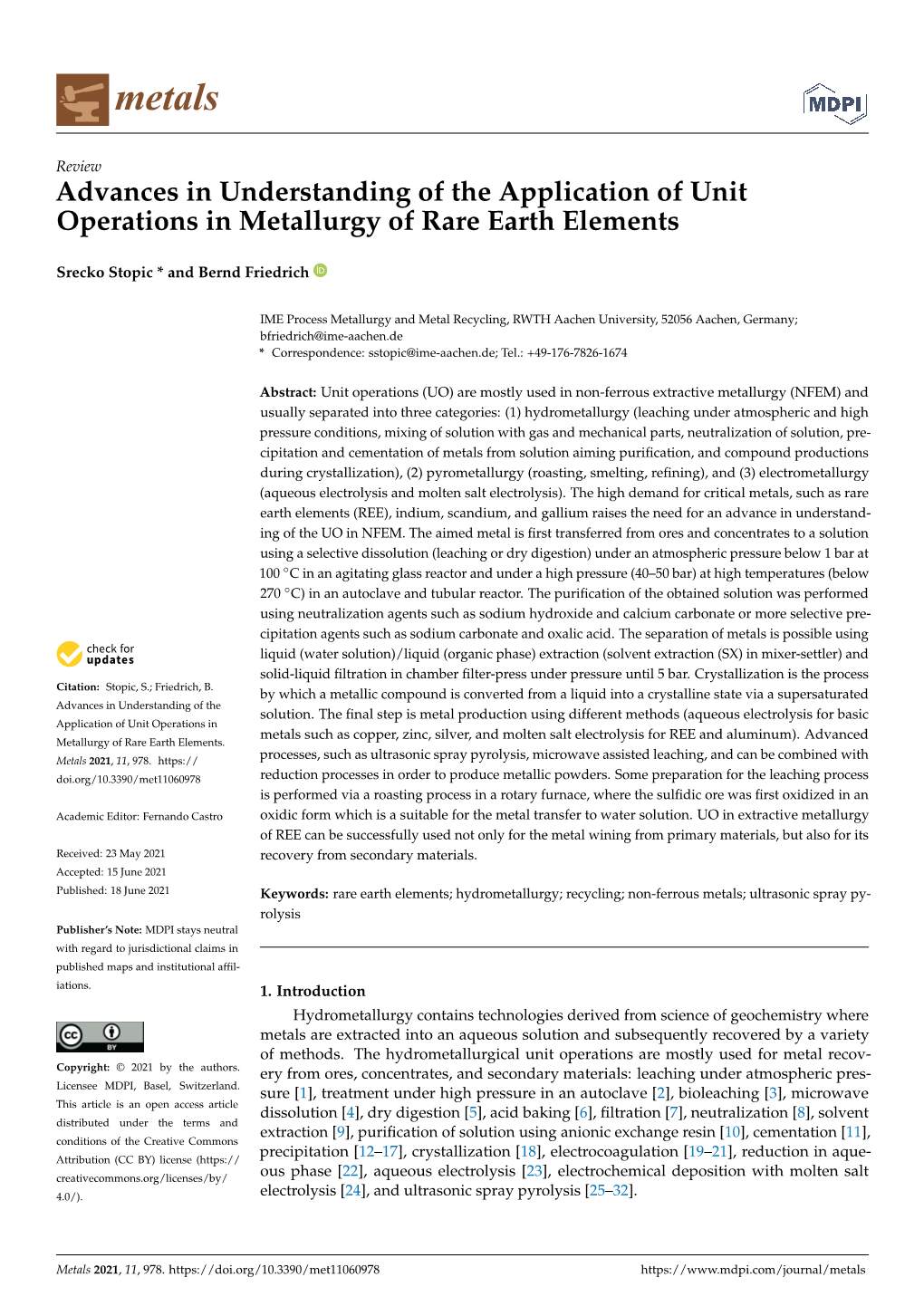 Advances in Understanding of the Application of Unit Operations in Metallurgy of Rare Earth Elements