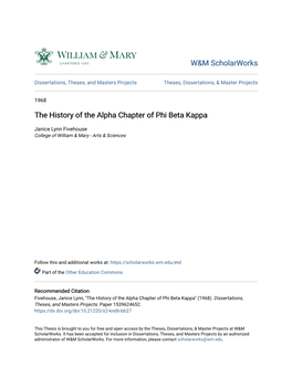 The History of the Alpha Chapter of Phi Beta Kappa