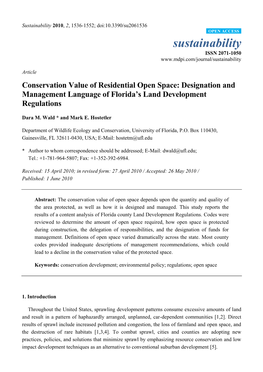 Conservation Value of Residential Open Space: Designation and Management Language of Florida’S Land Development Regulations