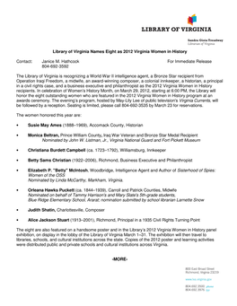 Library of Virginia Names Eight As 2012 Virginia Women in History