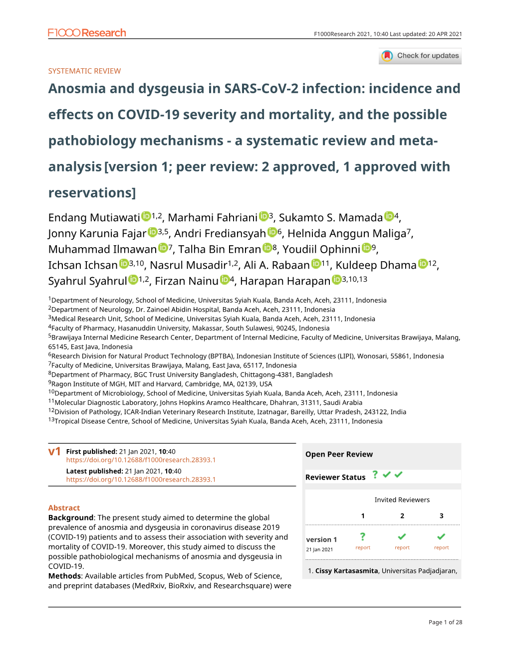 Anosmia and Dysgeusia in SARS-Cov-2 Infection: Incidence