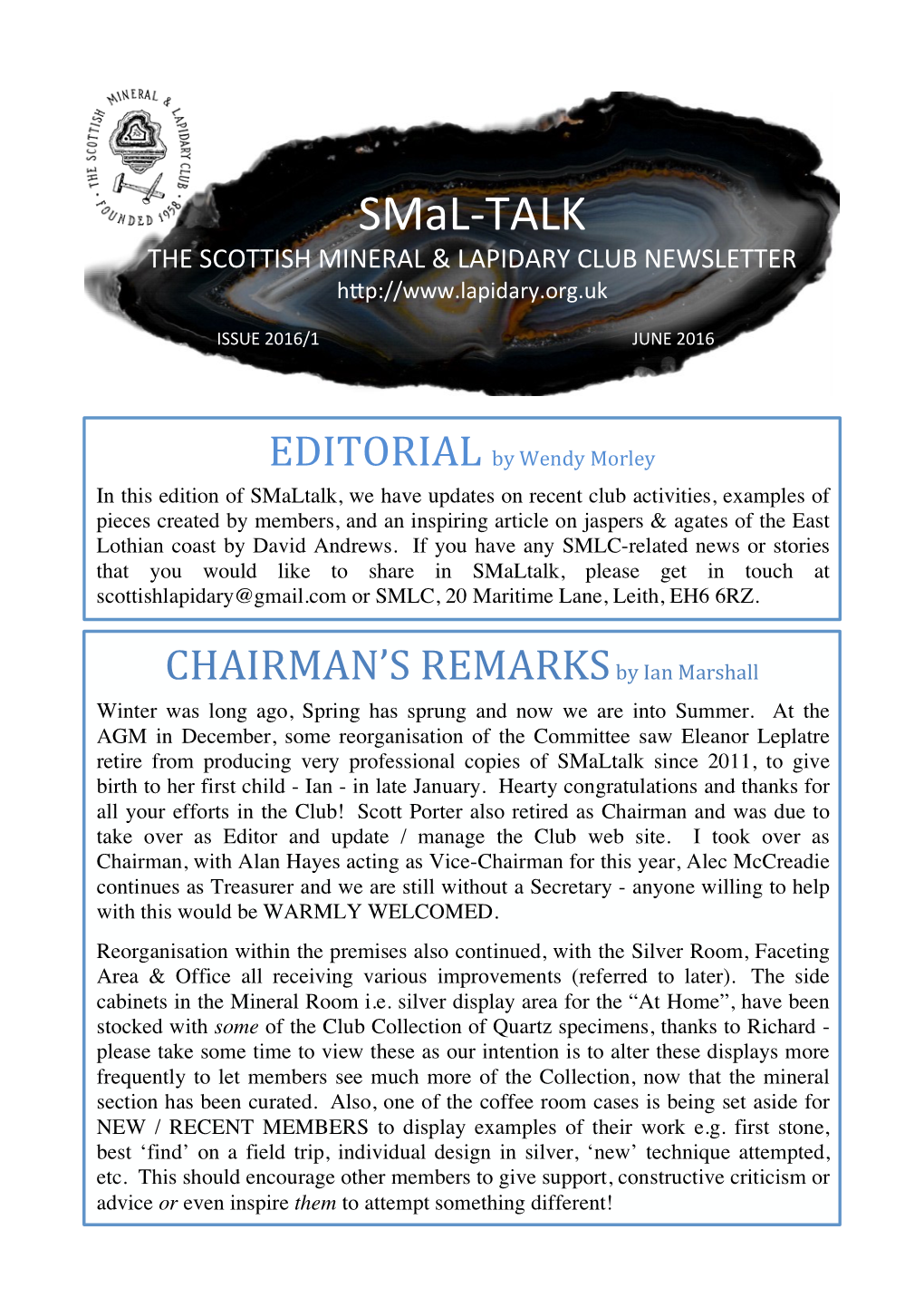 Smal-TALK the SCOTTISH MINERAL & LAPIDARY CLUB NEWSLETTER H9p