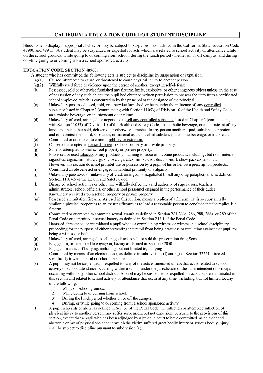 California Education Code for Student Discipline