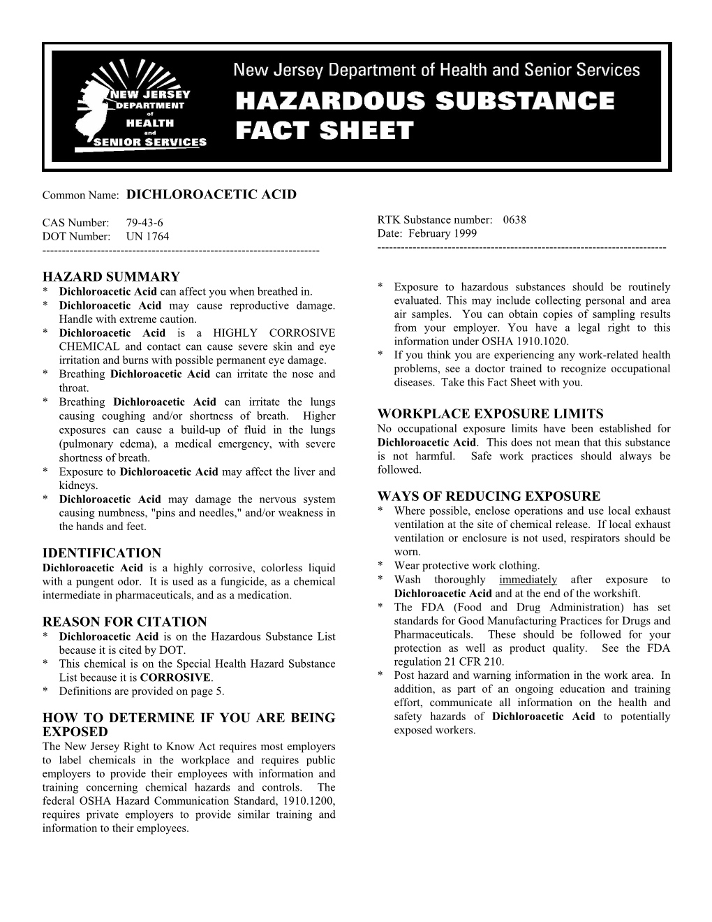 Dichloroacetic Acid Hazard Summary Identification