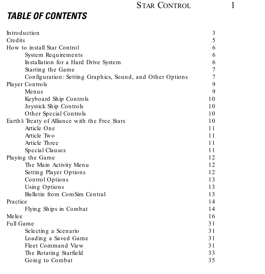 Star Control 1 Table of Contents