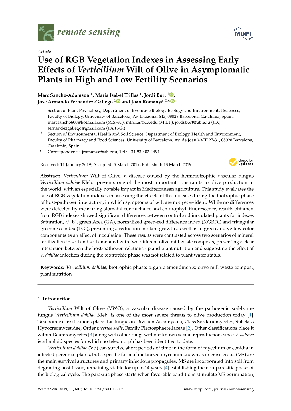 Use of RGB Vegetation Indexes in Assessing Early Effects of Verticillium Wilt of Olive in Asymptomatic Plants in High and Low Fertility Scenarios