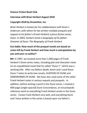 Science Fiction Book Club Interview with Brian Herbert August 2018 Copyright 2018 by Dreamstar, Inc