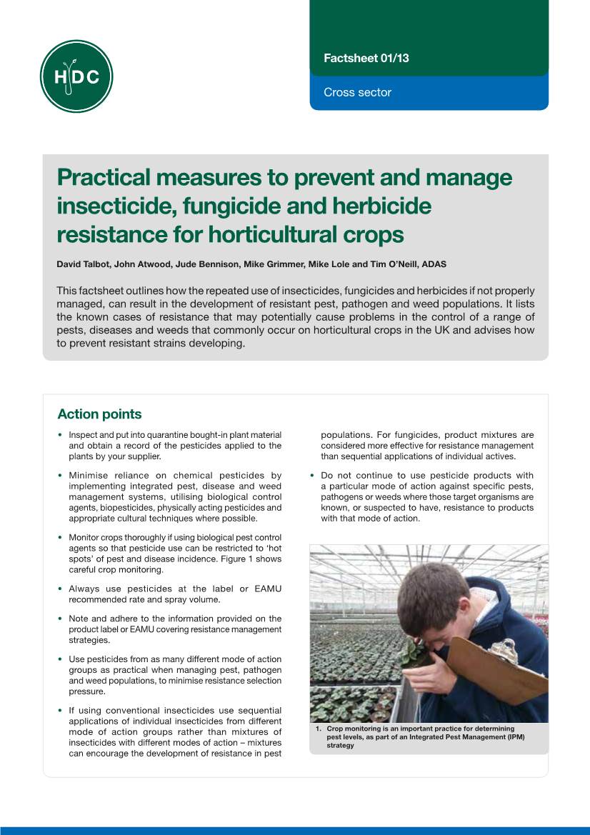 Practical Measures to Prevent and Manage Insecticide, Fungicide and Herbicide Resistance for Horticultural Crops