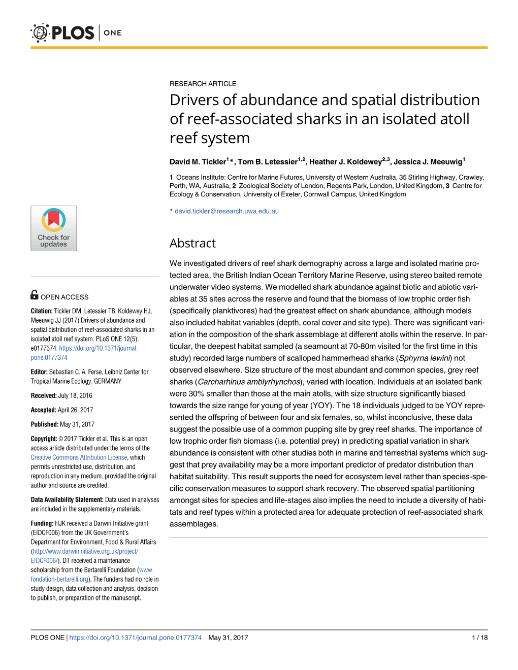 Drivers of Abundance and Spatial Distribution of Reef-Associated Sharks in an Isolated Atoll Reef System