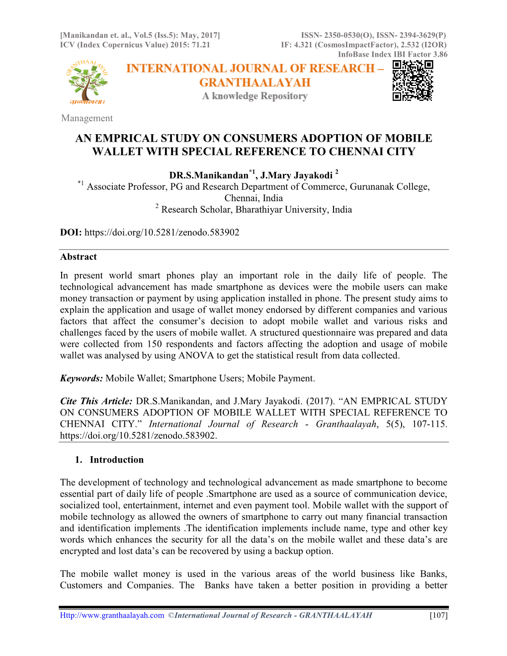 An Emprical Study on Consumers Adoption of Mobile Wallet with Special Reference to Chennai City