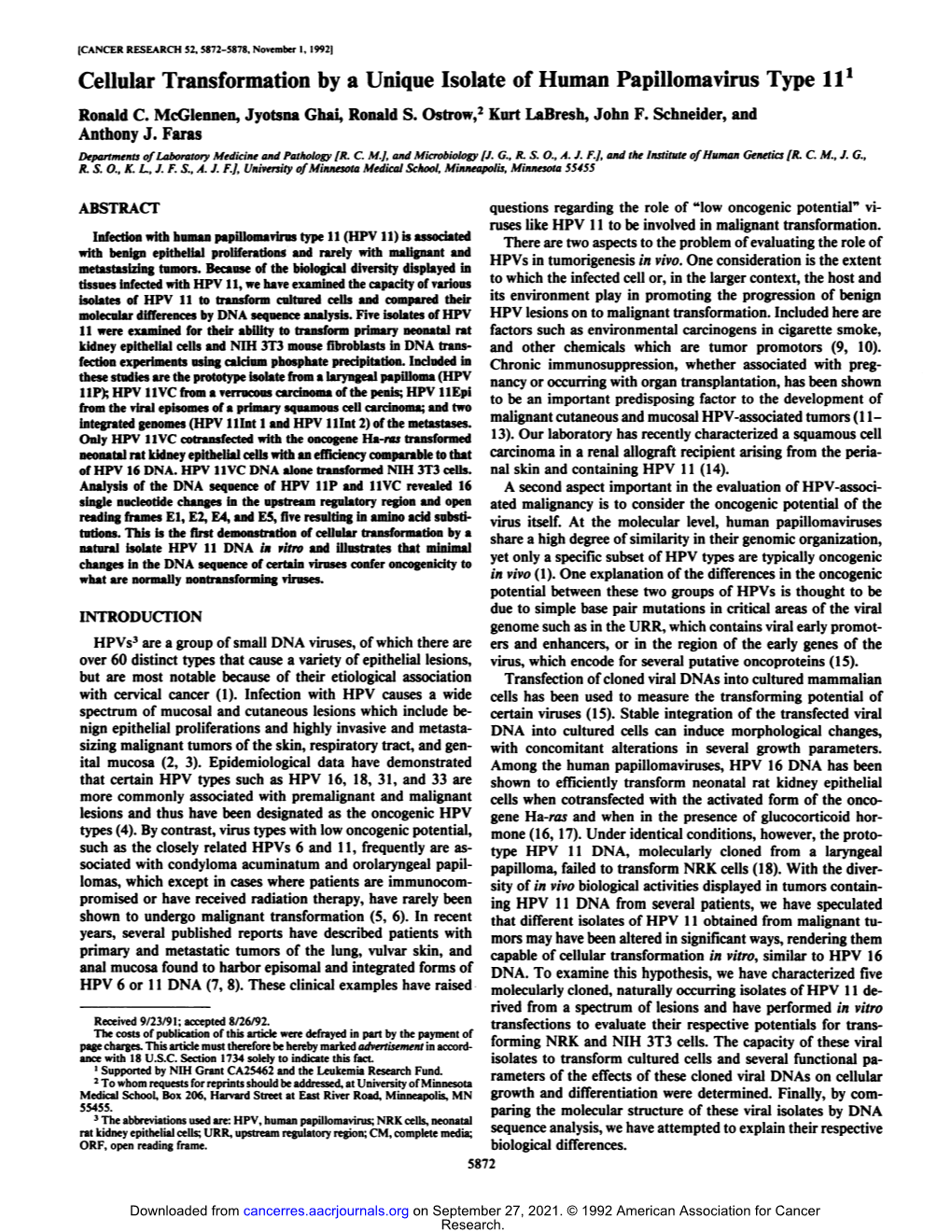 Cellular Transformation by a Unique Isolate of Human Papillomavirus Type 111 Ronald C