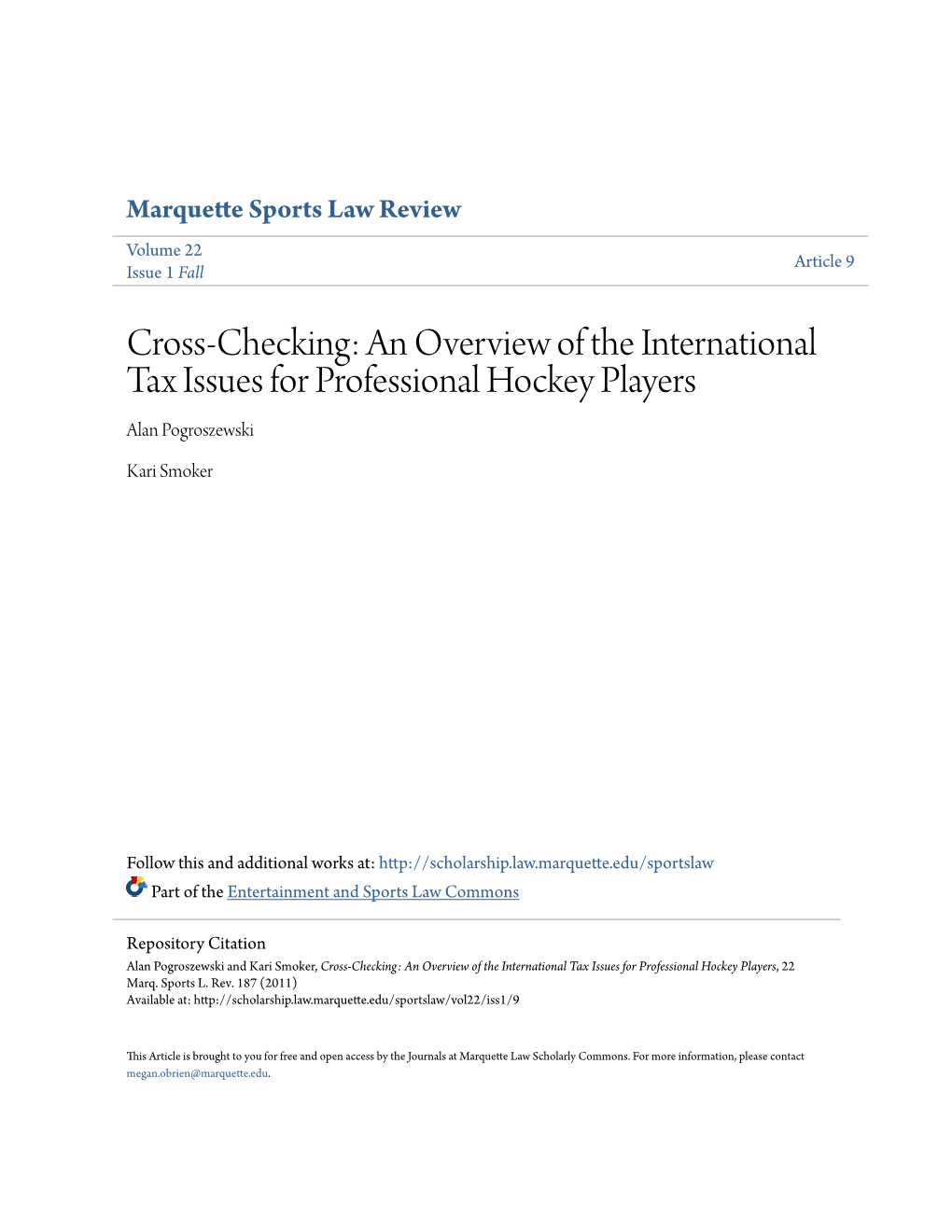 Cross-Checking: an Overview of the International Tax Issues for Professional Hockey Players Alan Pogroszewski