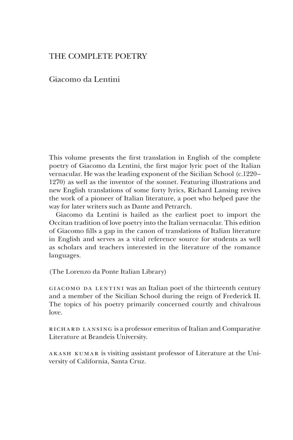 THE COMPLETE POETRY Giacomo Da Lentini