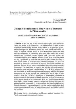 Justice Et Mondialisation. Eric Weil Et Le Problème De L'etat Mondial
