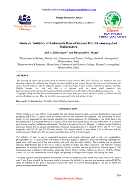 Study on Turbidity of Ambatanda Dam of Kannad District -Aurangabad, Maharashtra