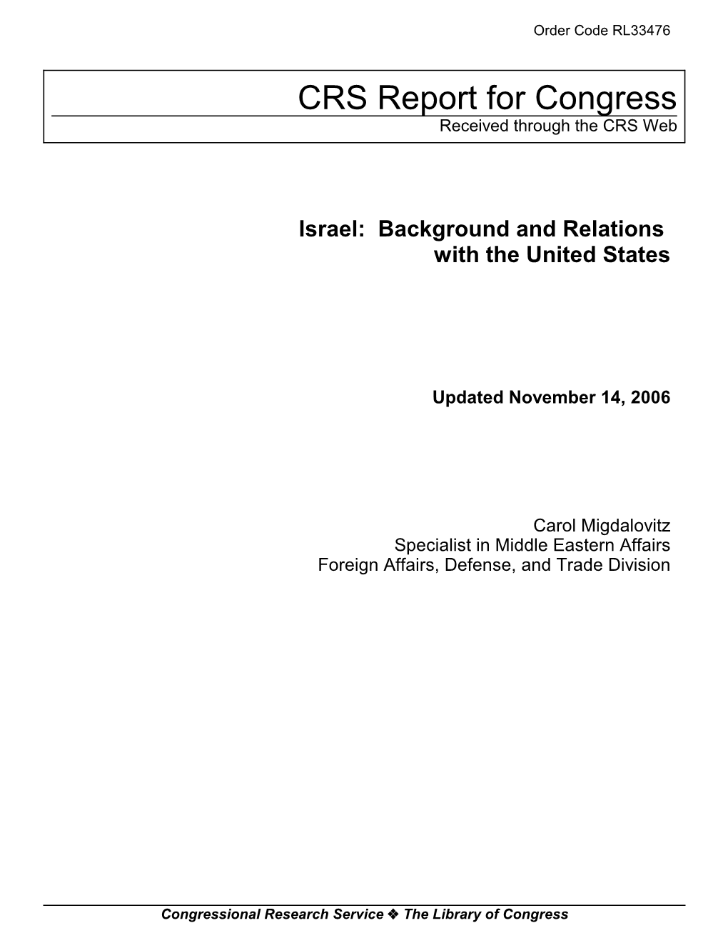 Israel: Background and Relations with the United States