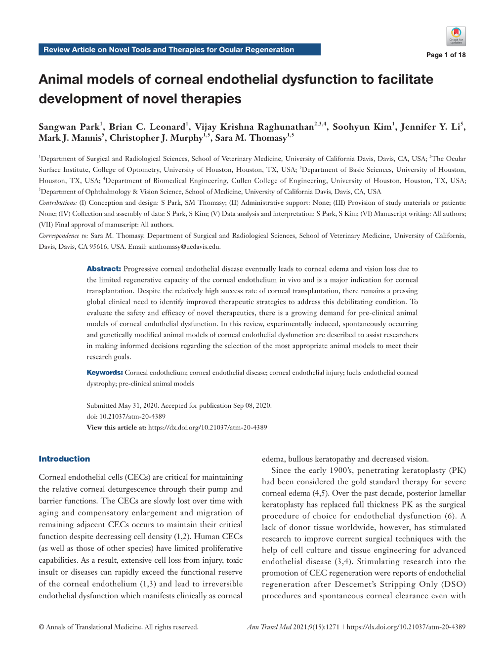 Animal Models of Corneal Endothelial Dysfunction to Facilitate Development of Novel Therapies