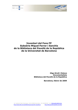 Inventari Del Fons FP Subsèrie Miquel Ferrer I Sanchis De La Biblioteca Del Pavelló De La República De La Universitat De Barcelona