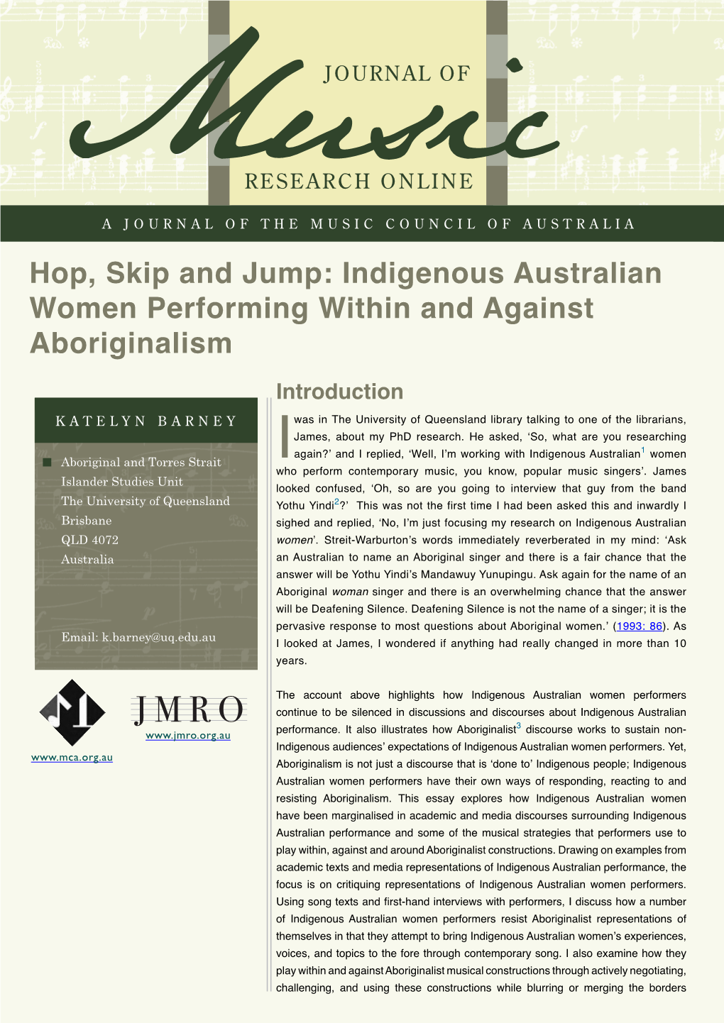 Hop, Skip and Jump: Indigenous Australian Women Performing Within and Against Aboriginalism