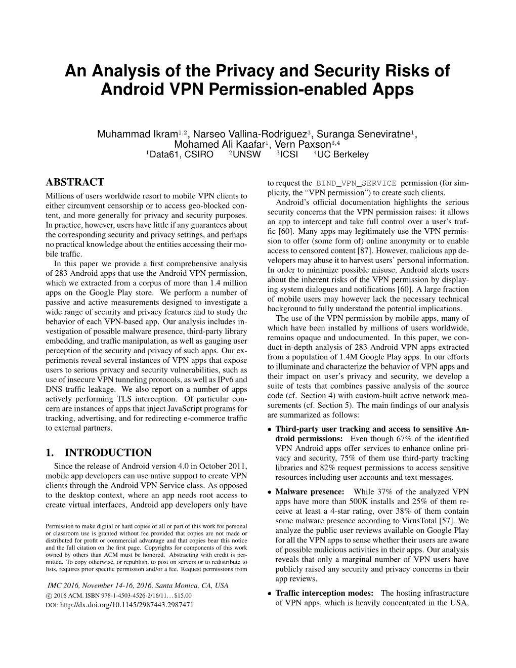 An Analysis of the Privacy and Security Risks of Android VPN Permission-Enabled Apps