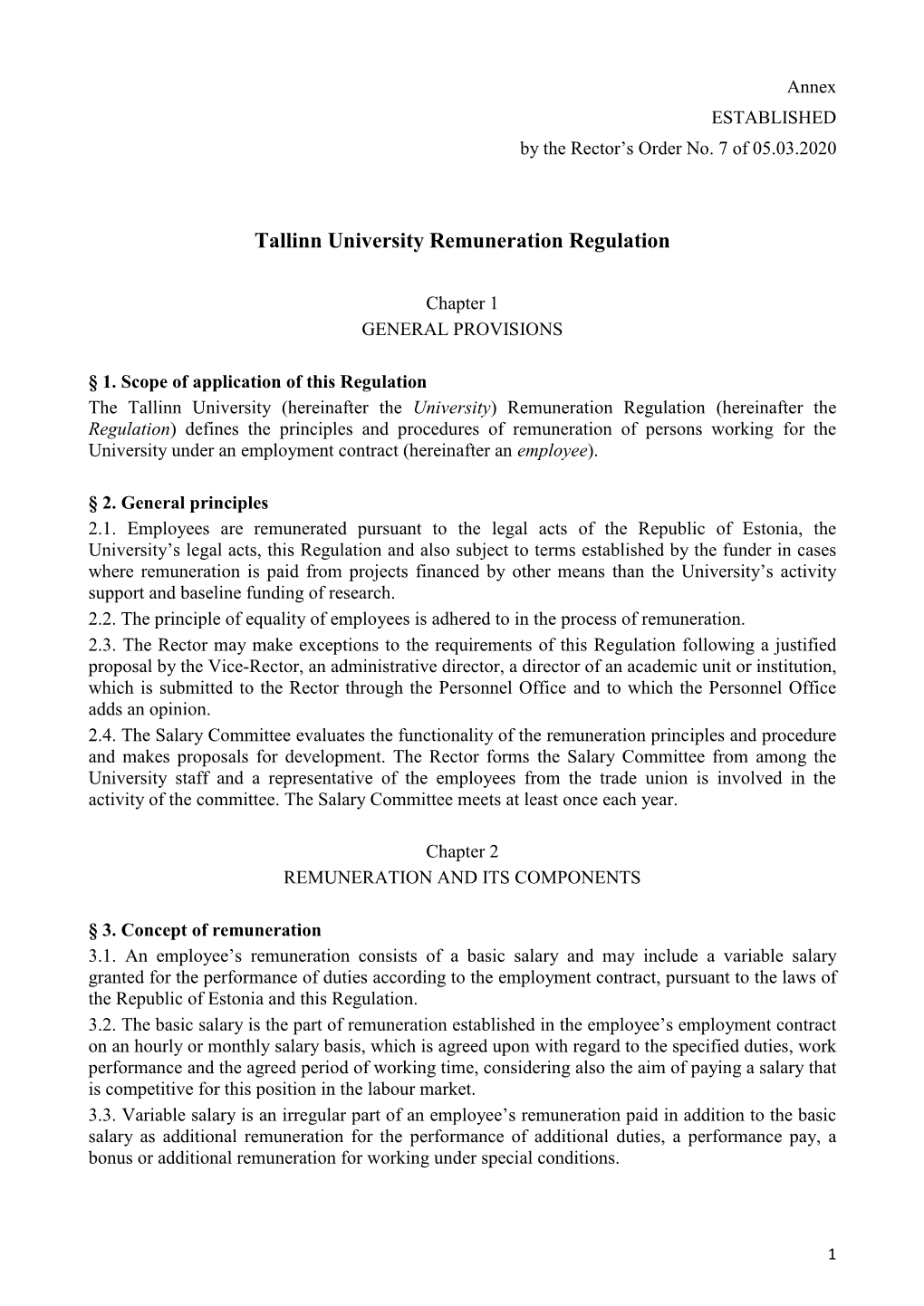 Tallinn University Remuneration Regulation