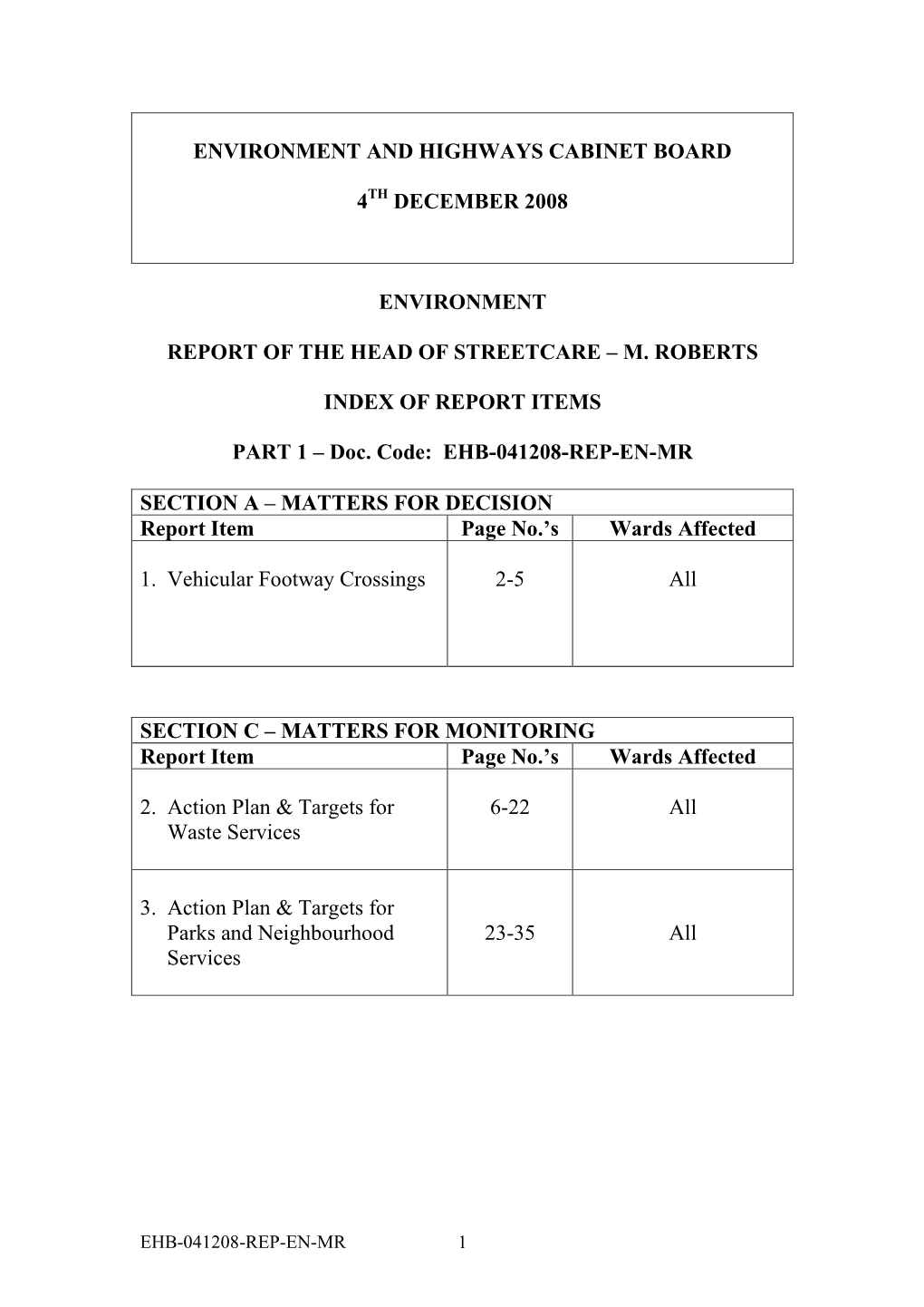 Environment and Highways Cabinet Board