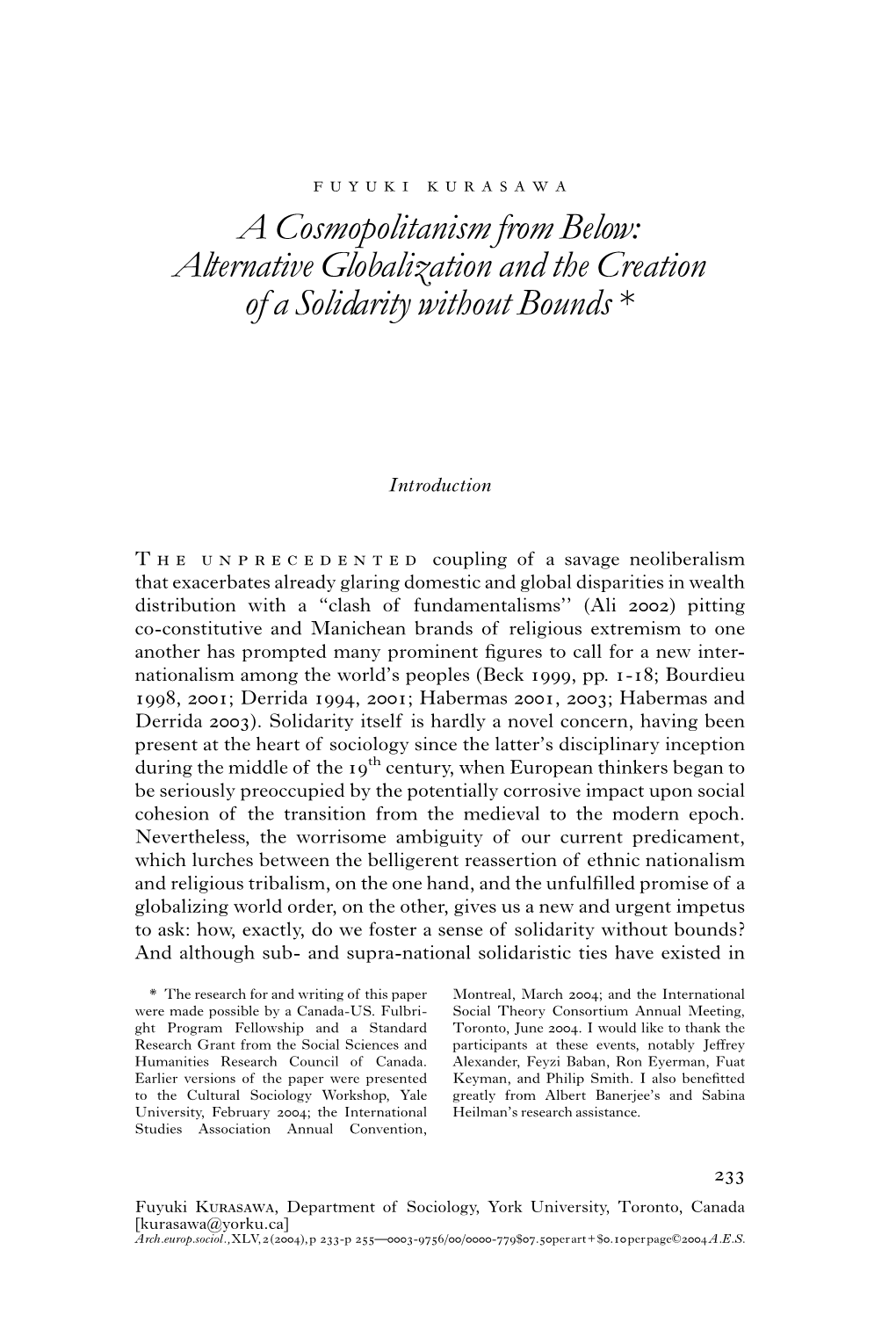 A Cosmopolitanism from Below: Alternative Globalization and the Creation of a Solidarity Without Bounds *