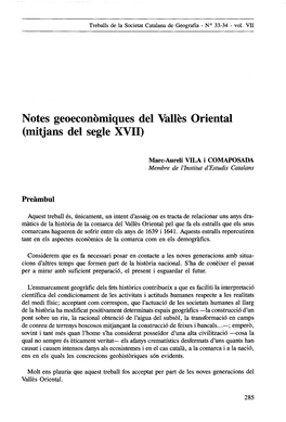 Notes Geoeconómíques Del Valles Oriental (Mitjans Del Segle XVII)