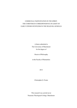 Communal Participation in the Spirit: the Corinthian Correspondence in Light of Early Jewish Mysticism in the Dead Sea Scrolls