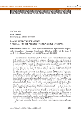 219 Hans Basbøll University of Southern Denmark DANISH IMPERATIVE FORMATION: a PROBLEM for the PHONOLOGY/MORPHOLOGY INTERFACE