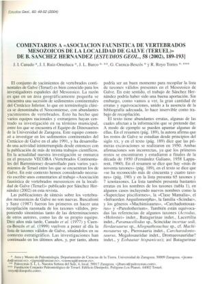 Comentarios a «Asociacion Faunistica De Vertebrados Mesozoicos De La Localidad De Galve (Teruel)>> De B