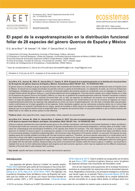 El Papel De La Evapotranspiración En La Distribución Funcional Foliar De 28 Especies Del Género Quercus De España Y México E.G