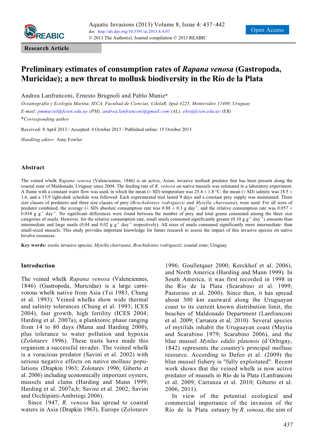 Gastropoda, Muricidae); a New Threat to Mollusk Biodiversity in the Río De La Plata