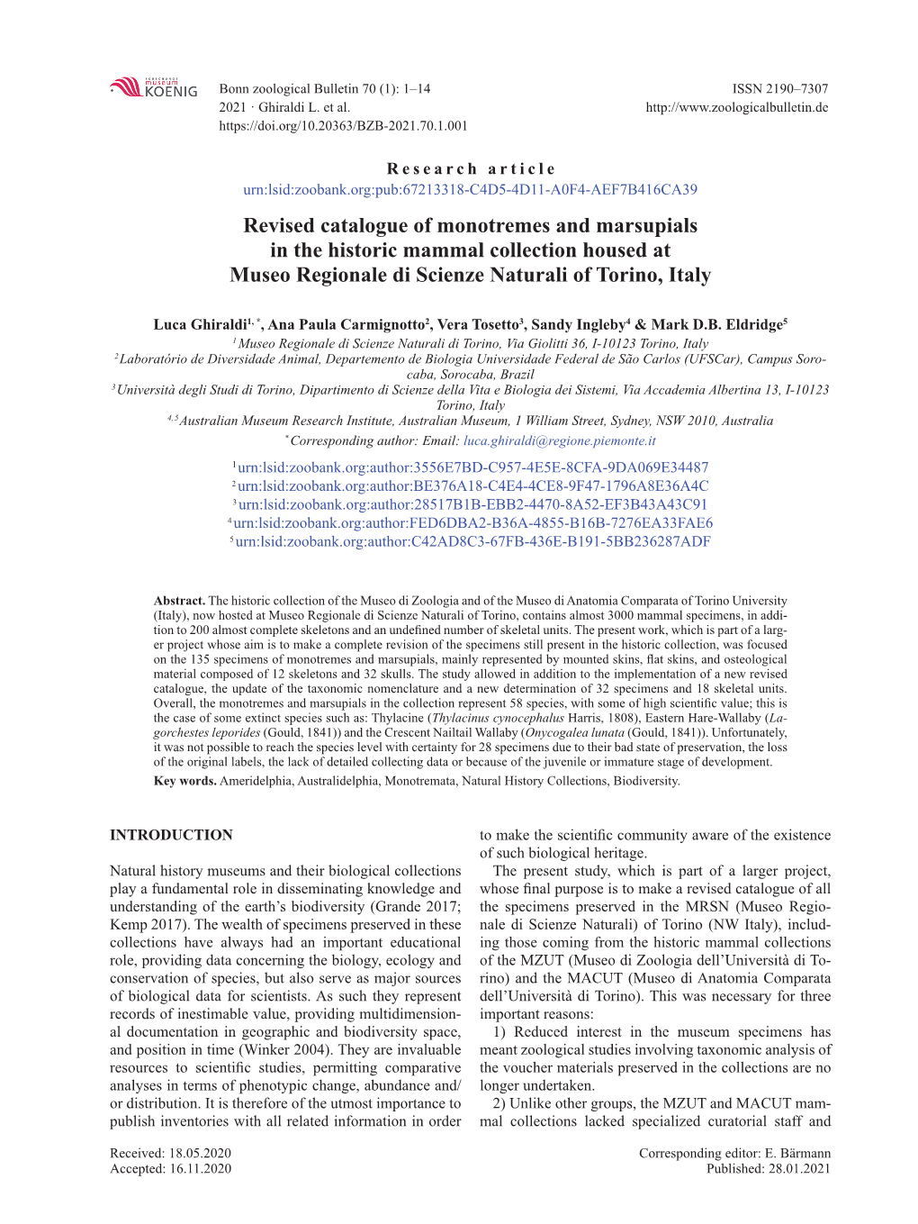 Revised Catalogue of Monotremes and Marsupials in the Historic Mammal Collection Housed at Museo Regionale Di Scienze Naturali of Torino, Italy