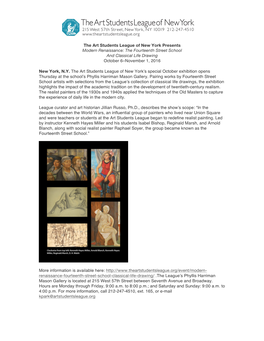 The Art Students League of New York Presents Modern Renaissance: the Fourteenth Street School and Classical Life Drawing October 6–November 1, 2016