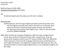 Humanities 2 2017 Lecture 19 Geoffrey Chaucer (1340-1400) The