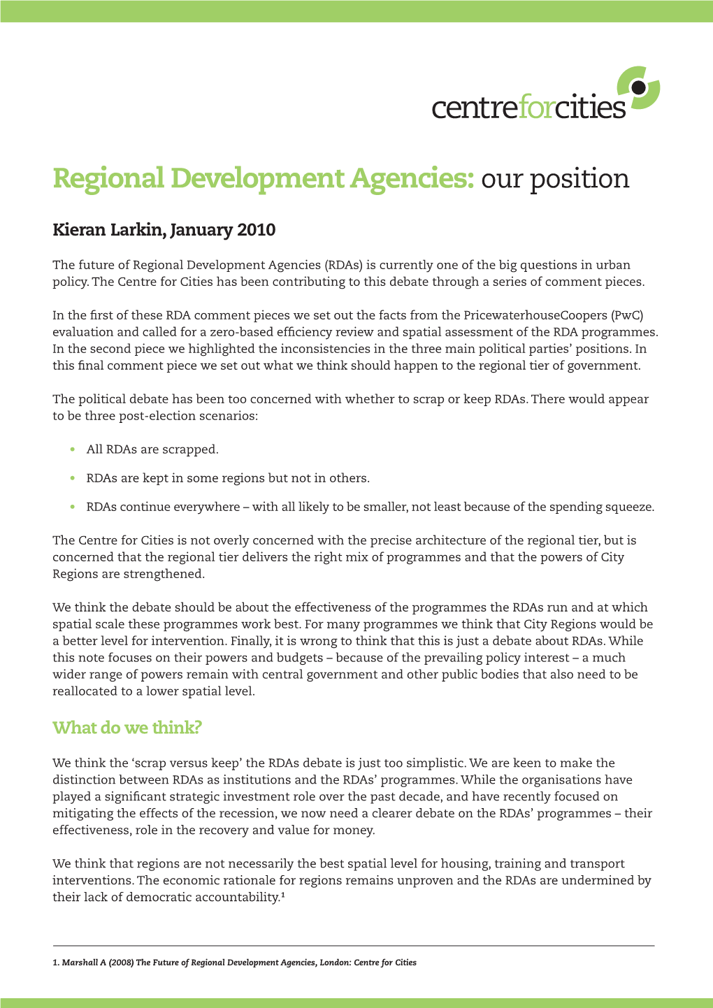 Regional Development Agencies: Our Position